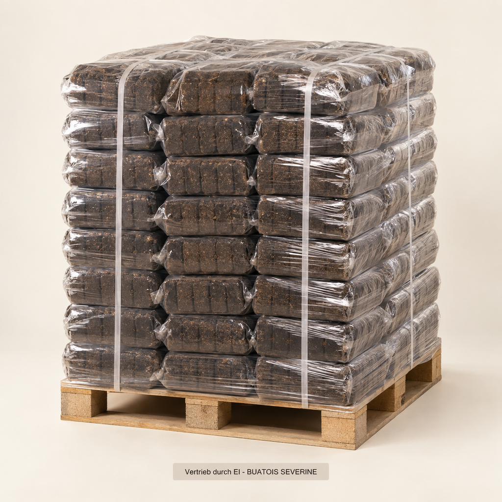 Nacht-Rindenbriketts 760 kg – Palette, Vertrieb durch EI - BUATOIS SEVERINE