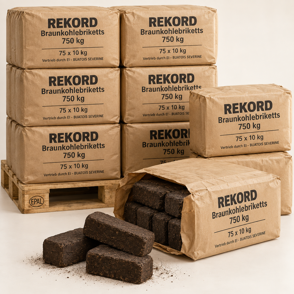 REKORD Braunkohlebriketts 750 kg – Verpackungseinheiten