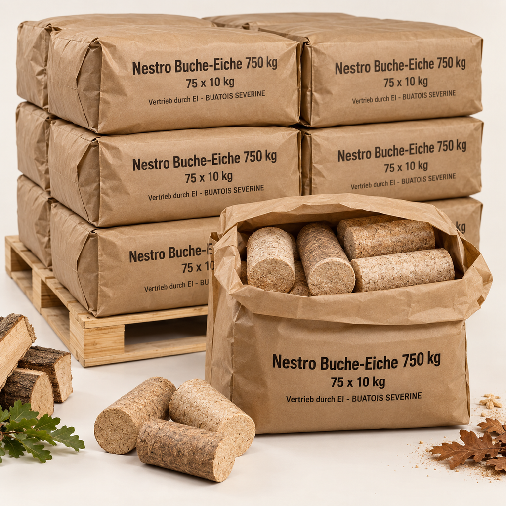 Nestro Buche-Eiche Holzbriketts 750 kg – Verpackungseinheiten