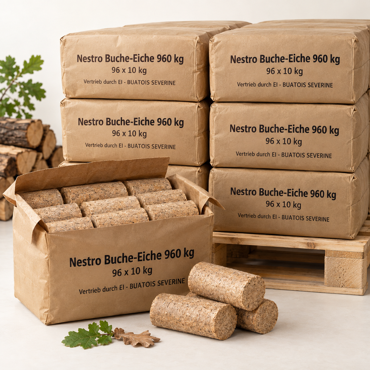 Nestro Buche-Eiche Holzbriketts 960 kg – Verpackungseinheiten