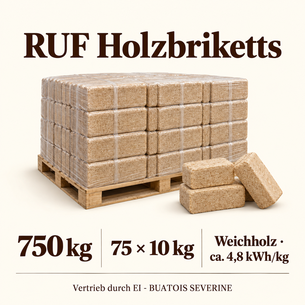RUF Holzbriketts 750 kg – Infografik zu Gewicht und Produkttyp