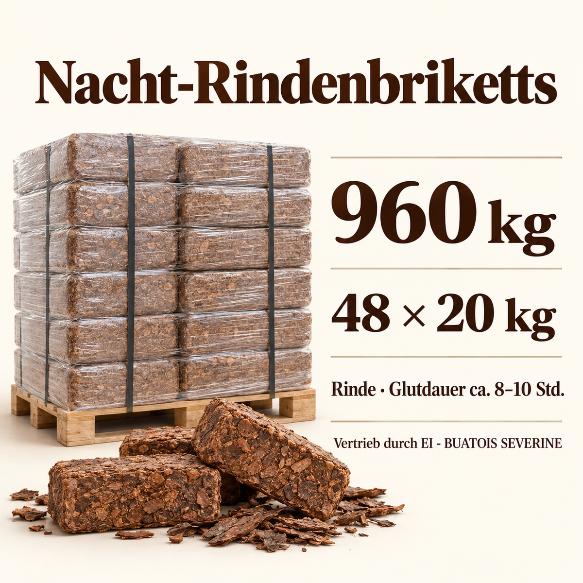 Nacht-Rindenbriketts 960 kg – Infografik zu Gewicht und Produkttyp