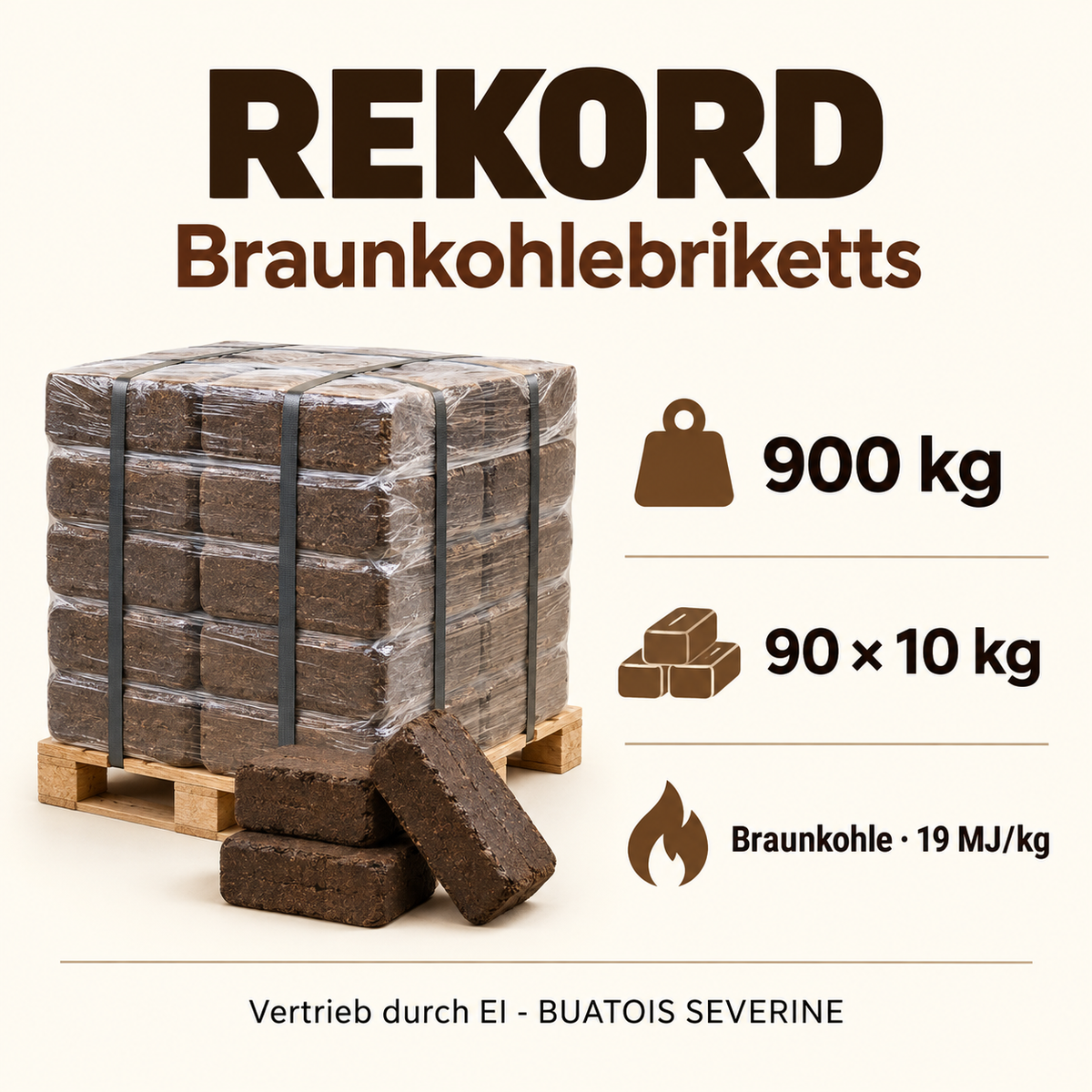 REKORD Braunkohlebriketts 900 kg – Infografik zu Gewicht und Produkttyp