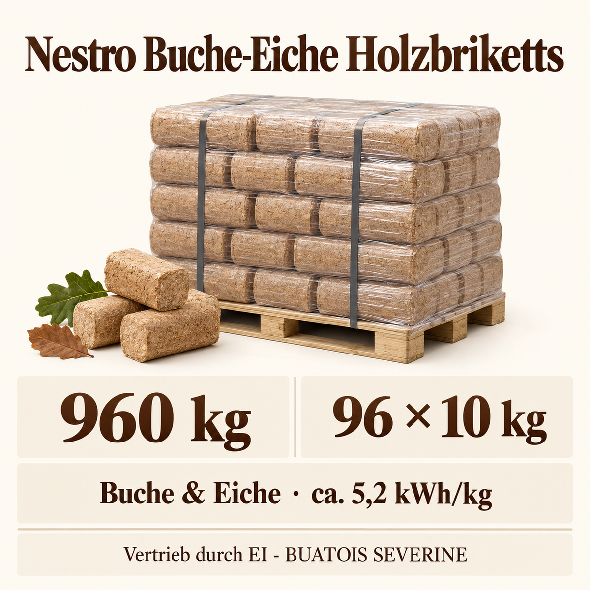 Nestro Buche-Eiche Holzbriketts 960 kg – Infografik zu Gewicht und Produkttyp