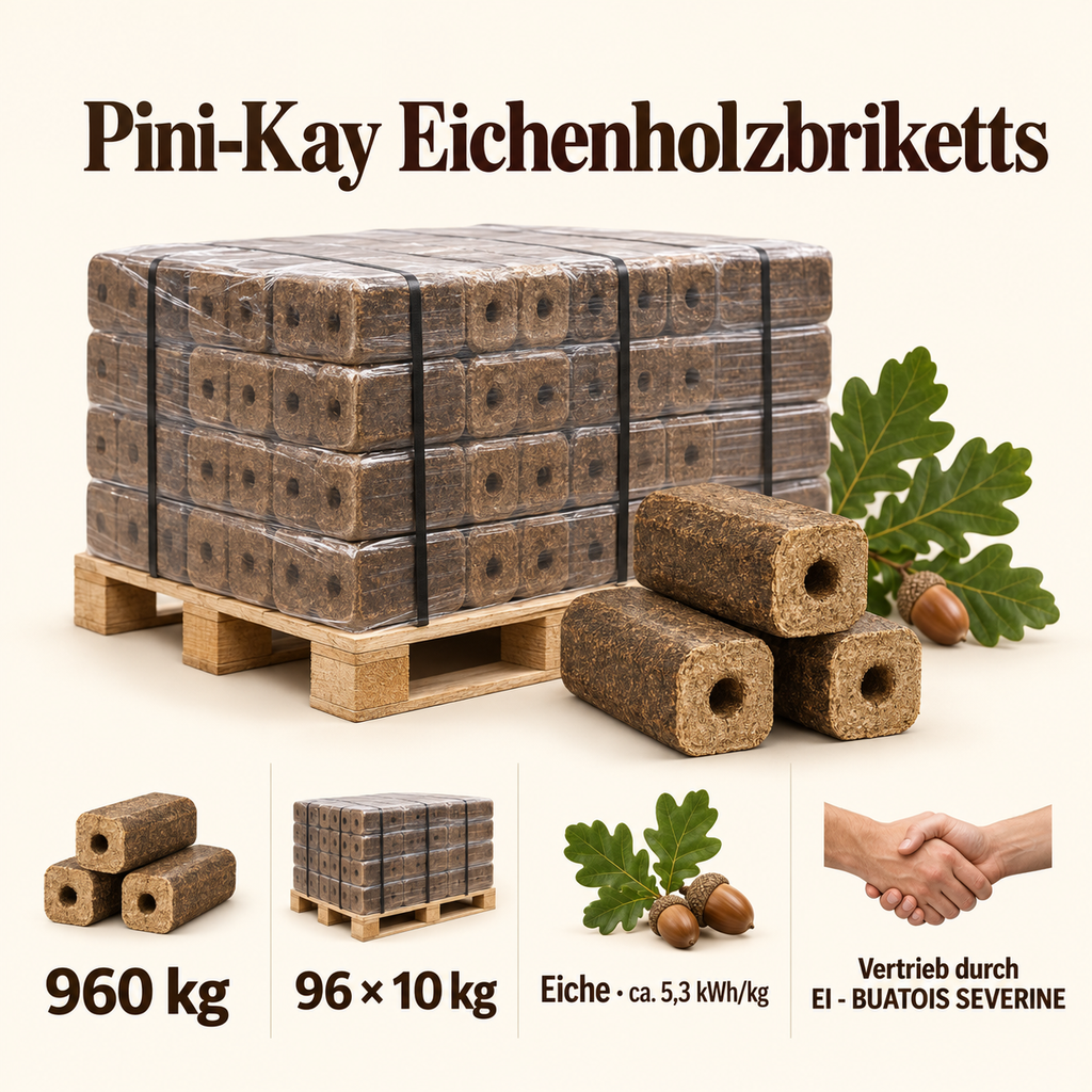Pini-Kay Eichenholzbriketts 960 kg – Infografik zu Gewicht und Produkttyp