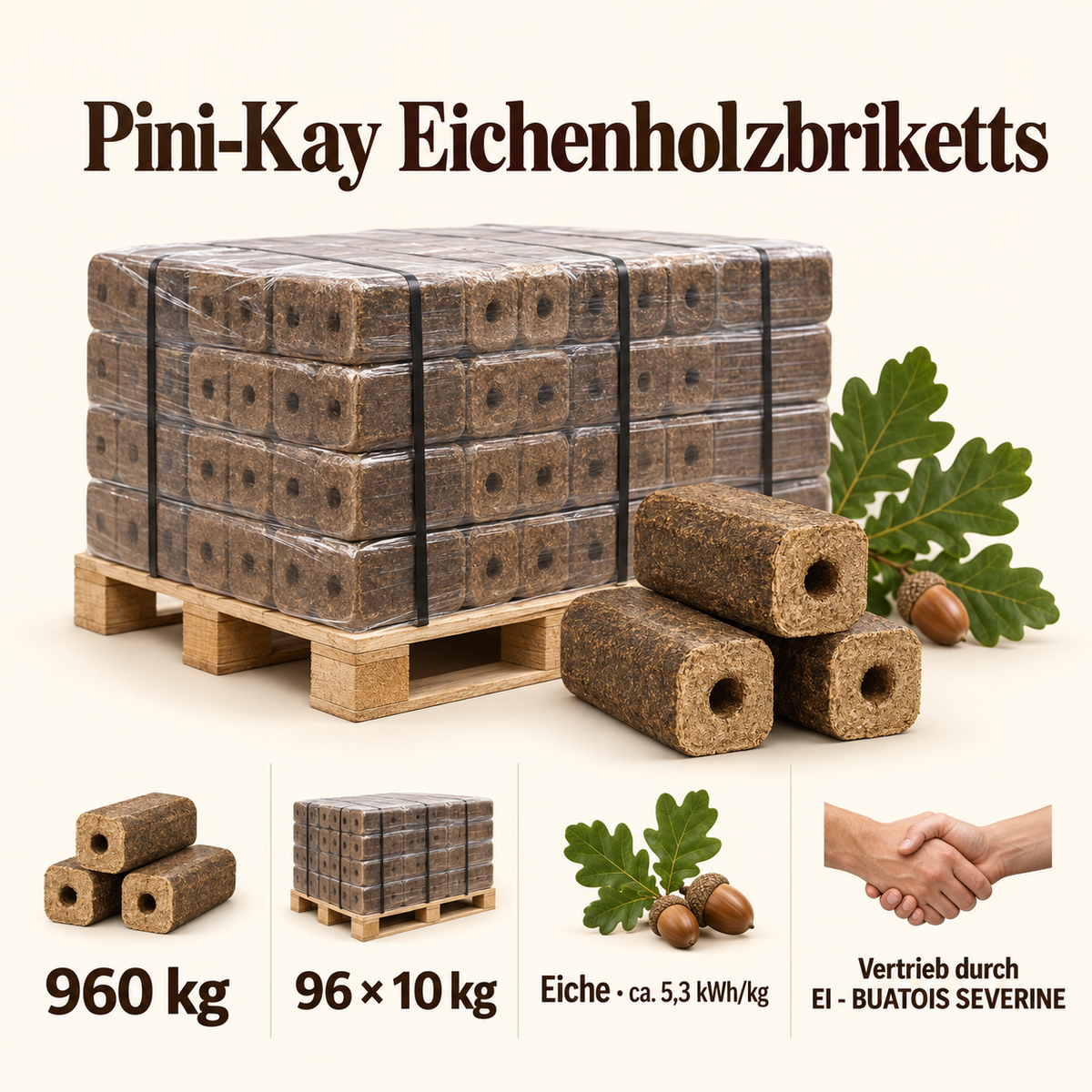 Pini-Kay Eichenholzbriketts 960 kg – Infografik zu Gewicht und Produkttyp