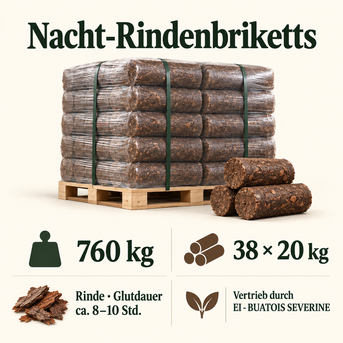 Nacht-Rindenbriketts 760 kg – Infografik zu Gewicht und Produkttyp