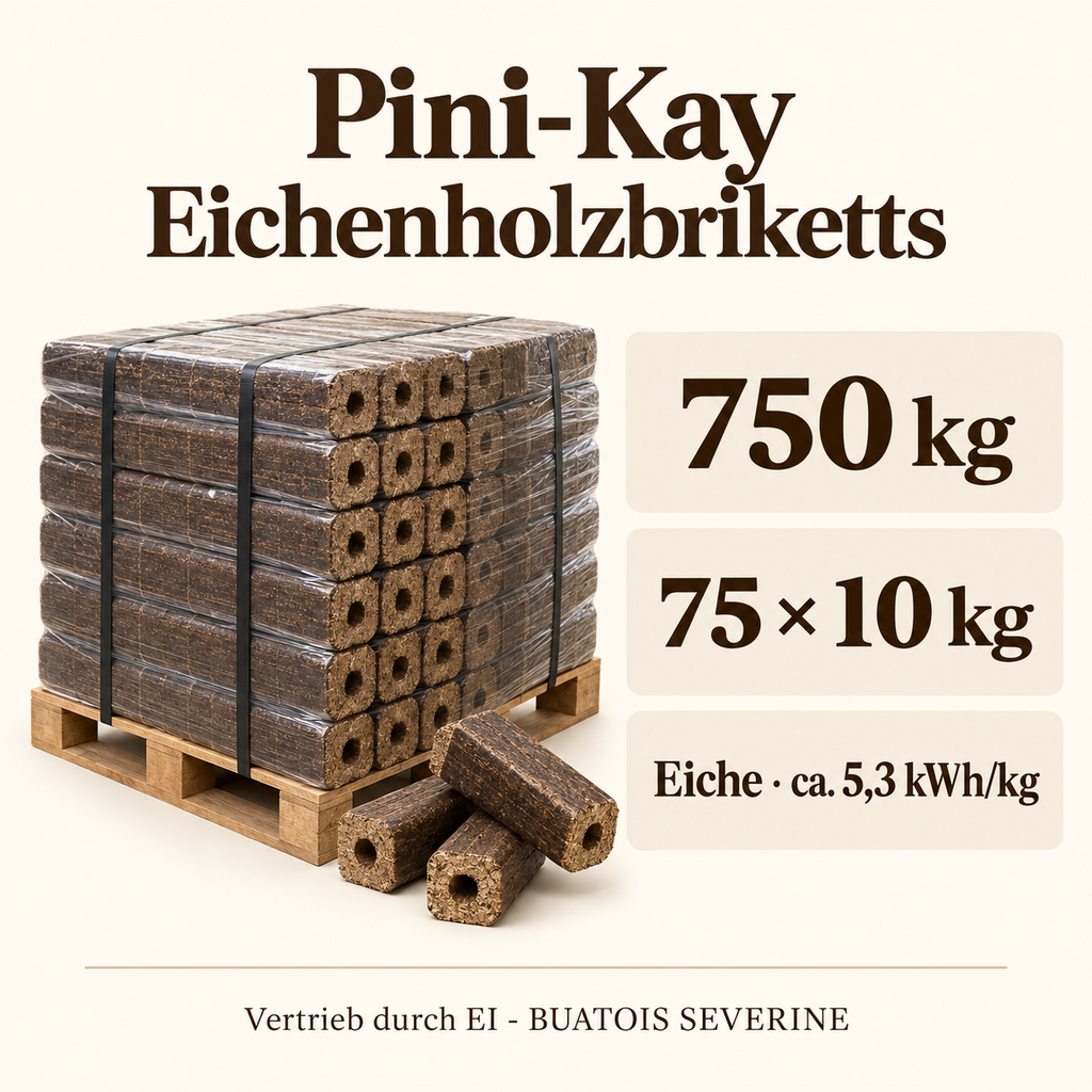 Pini-Kay Eichenholzbriketts 750 kg – Infografik zu Gewicht und Produkttyp