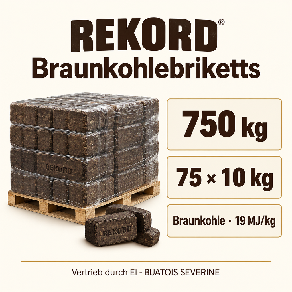 REKORD Braunkohlebriketts 750 kg – Infografik zu Gewicht und Heizwert